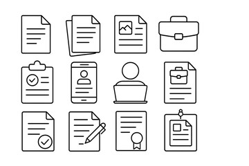 Job resume line icon set. Business documents, office work, CV, and portfolio icons. Editable stroke vector for career, hiring, recruitment, contract, and application.