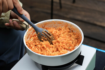 Cooking Korean Spicy Ramyeon Carbonara on Camping Ground
