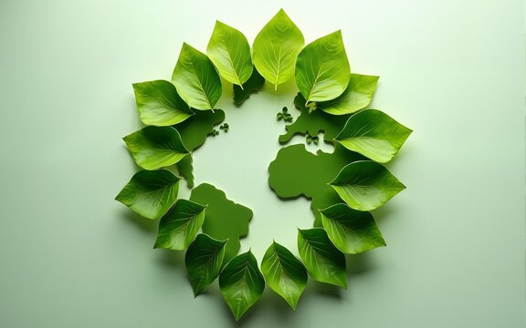 Leaves in forming an eco friendly earth shape, World environment day and Earth day. Generative AI. High quality - Powered by Adobe