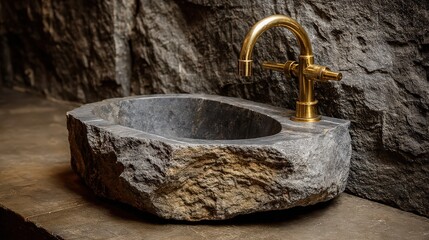 Closeup of a unique stone sink with a golden faucet, highlighting the raw beauty and modern design in a bathroom setting