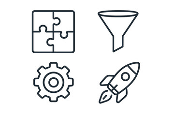Data analytics and business process icon set. Vector line icons of puzzle for strategy, funnel for sales, gear for process, and rocket for startup launch. Web & app design.