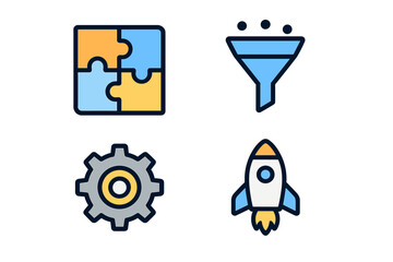 Data analytics vector icon set. Icons of puzzle for problem solving, funnel for data filtering, gear for process, rocket for startup. Line icons for apps and web design.