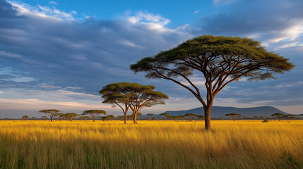 Obraz premium Scenic African savanna landscape with trees and sunset. 