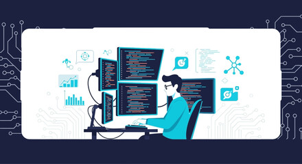 Expert Programmer At Work With Complex Computer Code On Multiple Screens