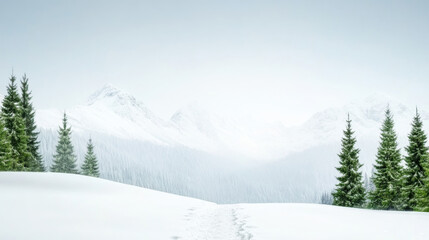 Fototapeta premium Snowy trail leads through serene foggy mountain ridge with evergreen trees, creating peaceful winter landscape under pale sky, evoking calm and tranquility