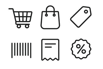 Minimalist shopping icons set including cart, bag, tag, barcode, receipt, and discount symbol with transparent background, simple ecommerce vector illustration, retail and sale design elements
