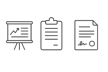 Business documents line icon set. Presentation board with growth chart, financial report on clipboard, and signed contract or agreement. Data analysis and paperwork vector.