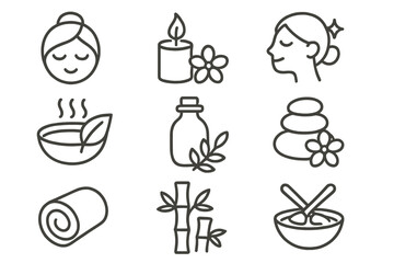 Minimalist spa and wellness icon set for self-care, relaxation, aromatherapy, massage, and holistic health themes. Vector cartoon illustration with natural elements and serene symbols.