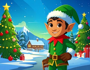 Festive elf in a snowy winter village scene