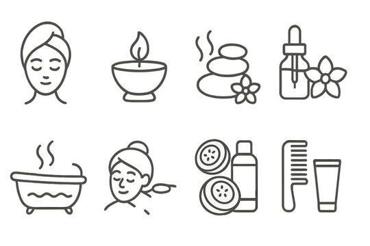 Minimalist spa icons set wellness relaxation beauty self-care essentials vector illustration cartoon line art transparent background organized collection