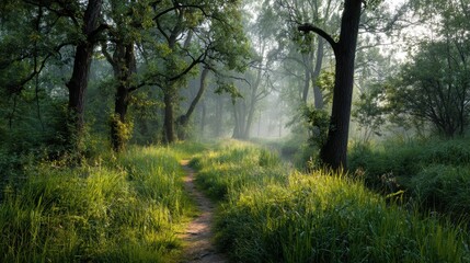 Obraz premium Serene Forest Pathway with Morning Mist and Lush Greenery