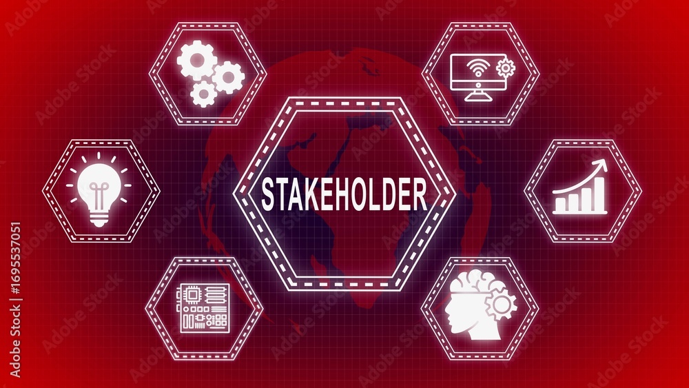 Poster conceptual illustration representing stakeholders and associated concepts in business and technology
