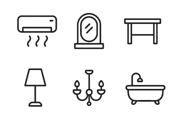 Interior line icon set. Furniture and home elements. Includes air conditioner, mirror, table, lamp, chandelier, bathroom icons. Editable outline vector for web and app design.