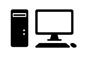 Desktop computer silhouette. Personal computer PC icon. Workstation symbol. Minimalist vector of monitor, tower case, and mouse. Technology concept. Office electronics.