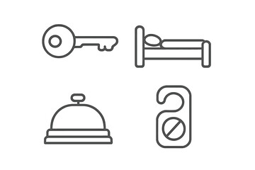Modern linear style hotel icons set including key, bed, service bell, and do not disturb door hanger symbols, vector cartoon illustration, transparent background, ordered icons collection