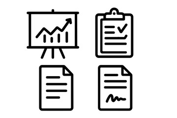Line icon set of business documents. Vector icons of presentation board with growth chart, clipboard checklist, report, and signed contract for web, app, and UI design.