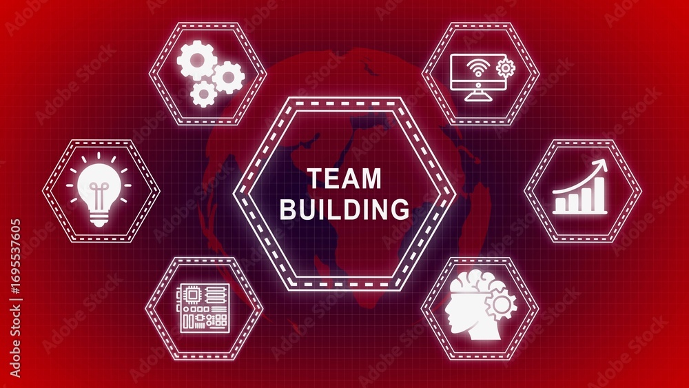 Aufkleber team building concept with icons representing collaboration and innovation on a red background