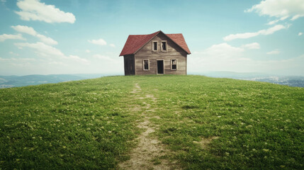 Rustic farmhouse wooden house countryside grassy field blue sky rural landscape scenic peaceful tranquil summer day with dirt path leading to house evokes sense of calm and nostalgia