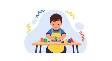 A Little Boy Playing with Clay on a Wooden Table in a Cartoon Illustration