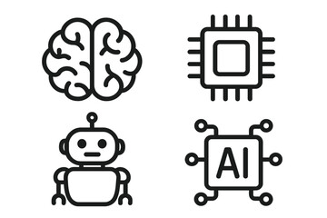 Technology line icon set. Artificial intelligence concepts. Vector icons of brain, chip, robot, AI. Machine learning, future tech, robotics symbol for web design and apps.