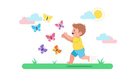 Fototapeta premium A Little Child Embraces Playful Butterflies in a Sunny Floral Paradise