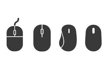 Computer mouse icon set. A collection of minimalist silhouette vector illustrations showing various wired, wireless, and ergonomic mice in a modern flat design for web or UI.