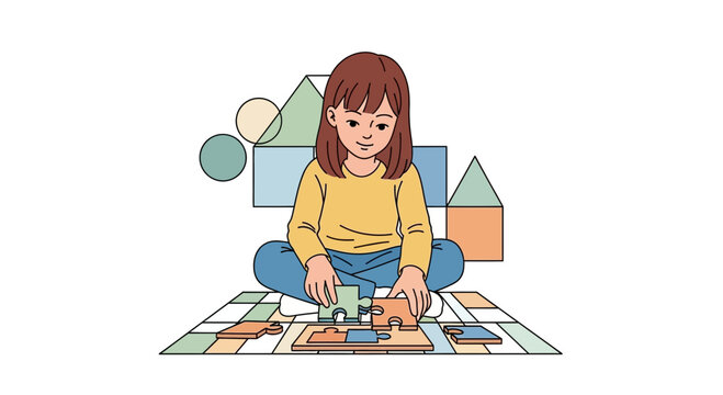 A little girl joyfully putting together a puzzle on the floor happily playing