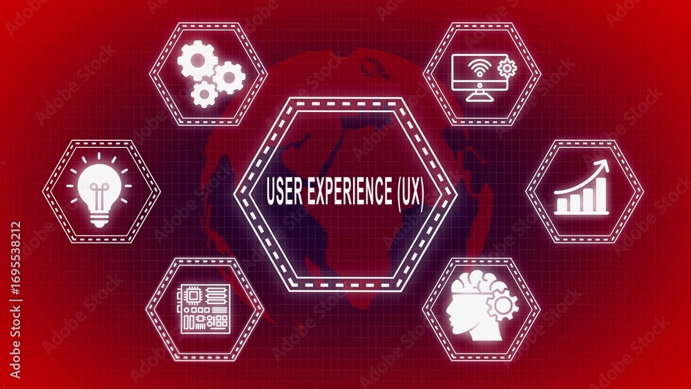 Poster User experience ux concept illustration featuring design elements and a globe background
