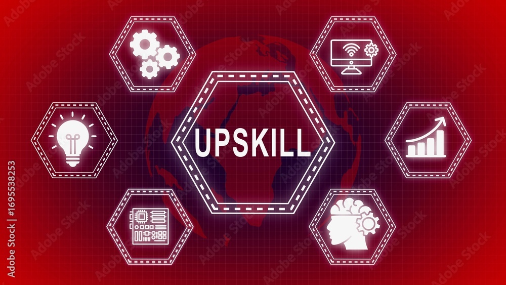 Poster upskill concept with connected icons representing learning innovation and development against a red 