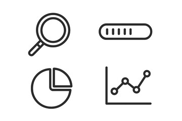 Data analytics line icon set. Magnifying glass for search, progress bar for loading, pie chart and line graph for statistics. Vector for business report, web UI, and app.