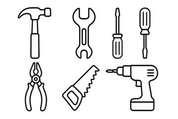 Obraz premium Simple linear tool icons set including hammer, wrench, screwdriver, pliers, saw and drill, vector cartoon illustration with transparent background, ordered tool collection for DIY and repair