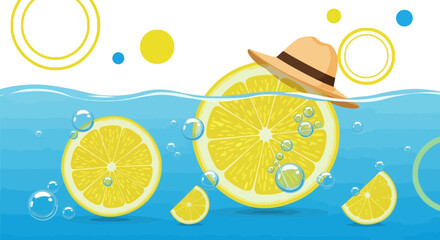 Refreshing Summer Scene Depicting Lemon Slices with Hat in Cool Blue Water Illustration