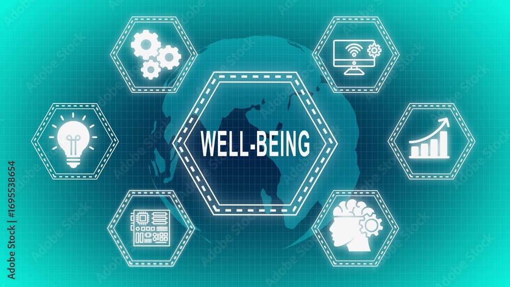 Poster conceptual illustration of well-being representing connection and global integration