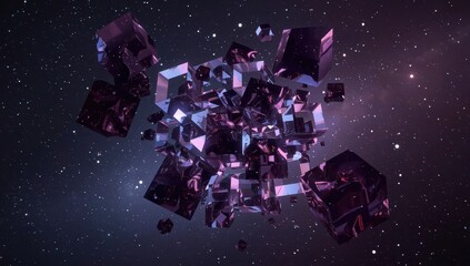 A vibrant display of fragmented, glossy cubes against a starry, cosmic backdrop.