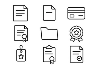 Document and file icon set. Thin line vector icons for web and apps. Includes certificate, award, folder, credit card, badge and contract symbols. Paperwork and office concepts.