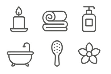 Minimalist spa icons set with candle, towel, lotion bottle, bathtub, brush, flower outline design, wellness symbols, relaxation vector illustration, transparent background