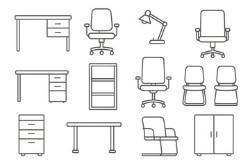 Vector office furniture line icon collection. Editable stroke. Thin line symbols of desk, chair, lamp, bookshelf for business infographics. Minimalist workplace interior elements.