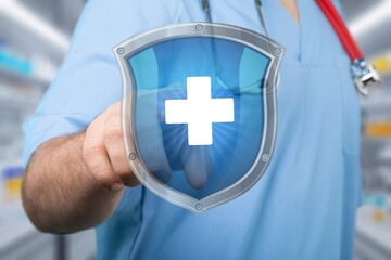 Professional healthcare worker holding shield icon
