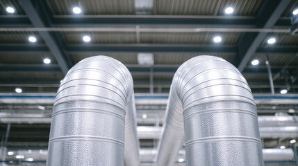 Industrial air ducts in factory for carbon dioxide removal system with metal pipes and modern technology equipment