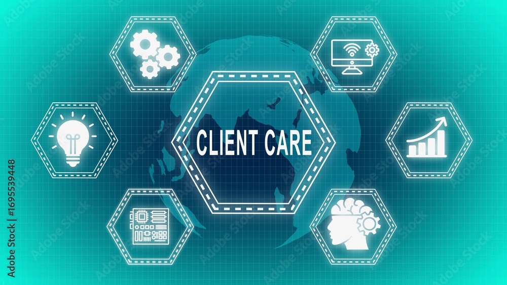Poster innovative client care concept represented with icons and a globe in digital visual