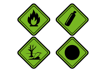 Obraz premium Hazardous Material Safety Signs Vector Set, Non-Flammable Gas, Non-Toxic Gas, Environmental Hazard, Warning Symbols, Black Icons on Green Diamond Background