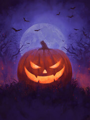 An atmospheric Halloween illustration featuring a spooky, glowing pumpkin against a misty full moon and dark, bare trees. This vibrant, spooky artwork is great for posters and seasonal designs.