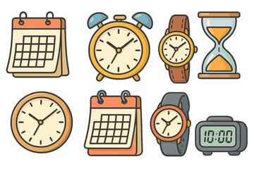 Various timekeeping tools including watches, alarm clocks, calendars, hourglass, and digital clock in cartoon vector style, showcasing functions, styles, and time concepts