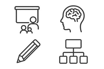 Business process and creative thinking icon set. Line icons for presentation, brainstorm, planning, diagram, writing. Minimalistic linear pictogram with editable stroke.