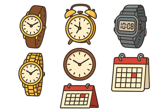 Various timekeeping tools including wristwatches, digital watch, alarm clock, wall clock, desktop and hanging calendars, vector cartoon illustration showcasing styles and functions