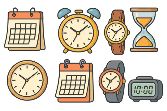 Various timekeeping tools including watches, alarm clocks, calendars, hourglass, and digital clock in cartoon vector style, showcasing functions, styles, and time concepts