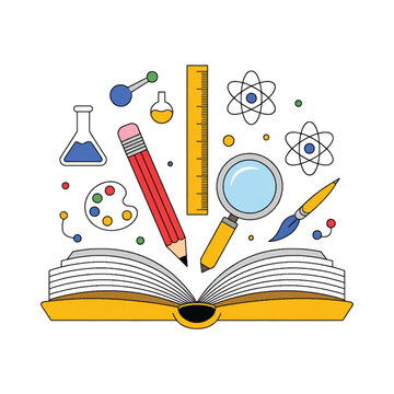 Creative Learning Concept with Open Book, Tools, and Symbols Vector Design