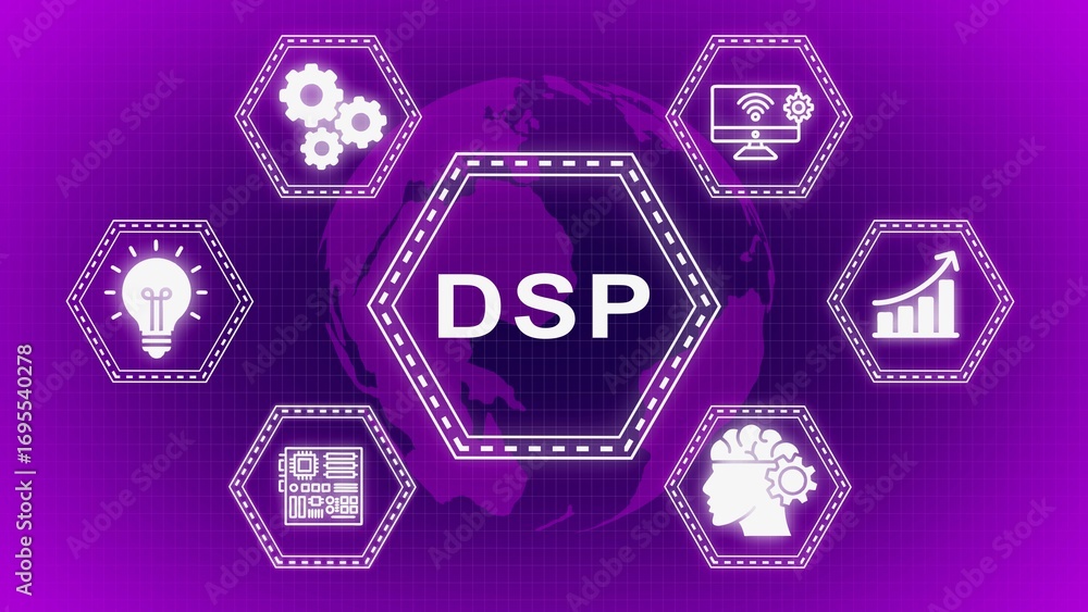 Aufkleber dsp digital signal processing technology concept illustrated with symbolic icons and purple backgrou