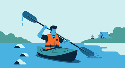 A person kayaking in a lake with a camp on the shore on beautiful sunny day