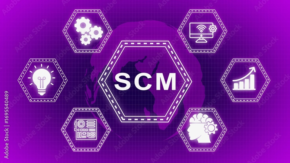 Poster abstract graphic illustrating supply chain management with symbolic icons and world map